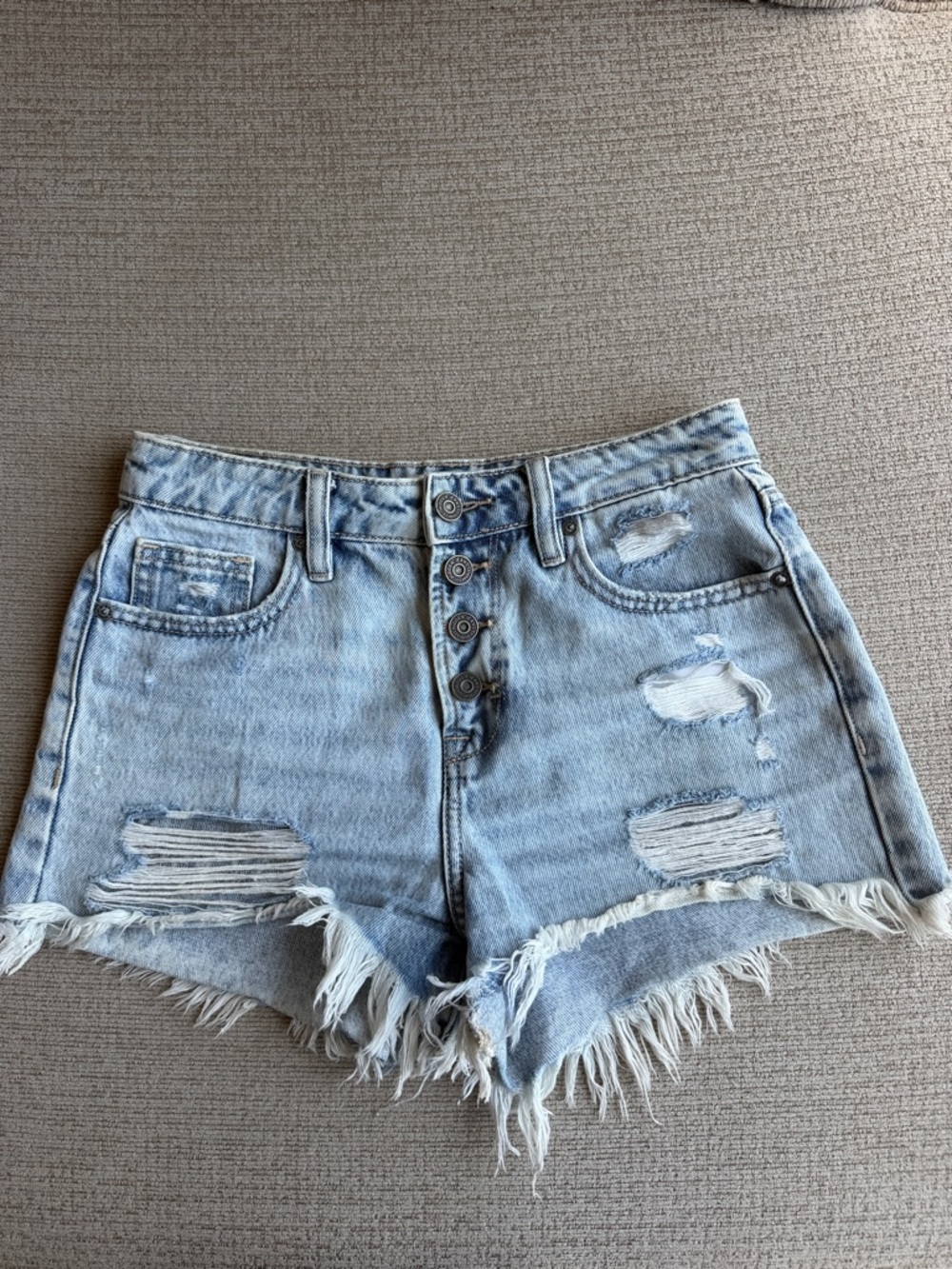 High-Rise Light Denim Distressed Jean Shorts XS (fits like a size 24)